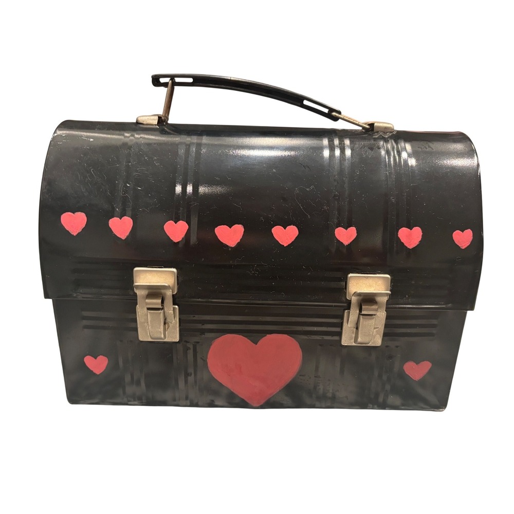 Vintage Aladdin Metal Dome Lunch Box Black with Hand Painted Red Hearts Retro